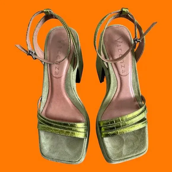 Free People Samara Heels Platform Chunky Ankle Strap Green Size 8 Vicenza - Picture 4 of 7